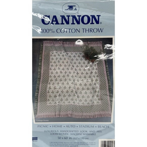Vtg Cannon Cotton Throw Blanket Cottage Roses NOS Woven Beige Grandma USA - Picture 7 of 14